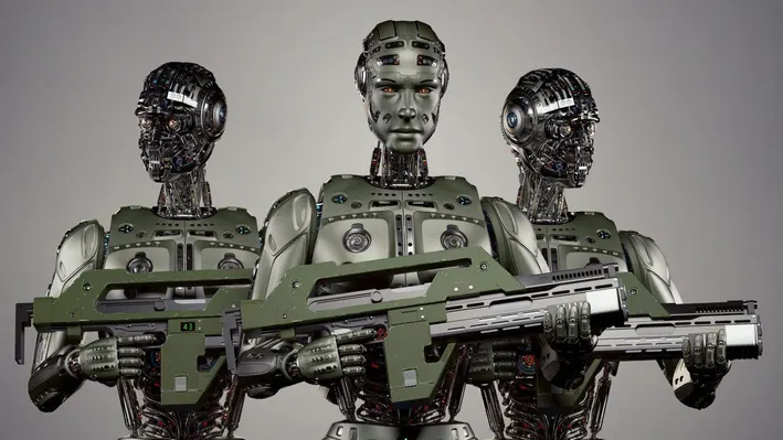 It shows AI robots soldier with a gun