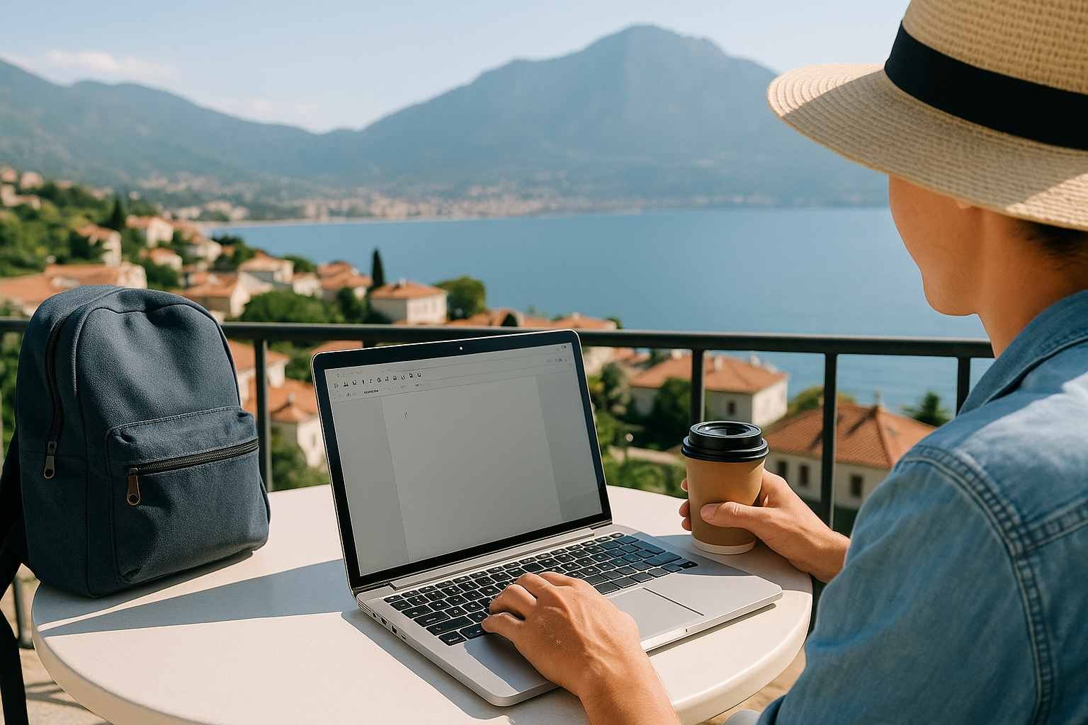 Remote freelance work setup in 2025 with ocean view