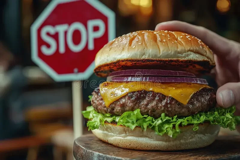 "Overweight man consuming a large amount of junk food ,illustrating unhealthy eating habits."