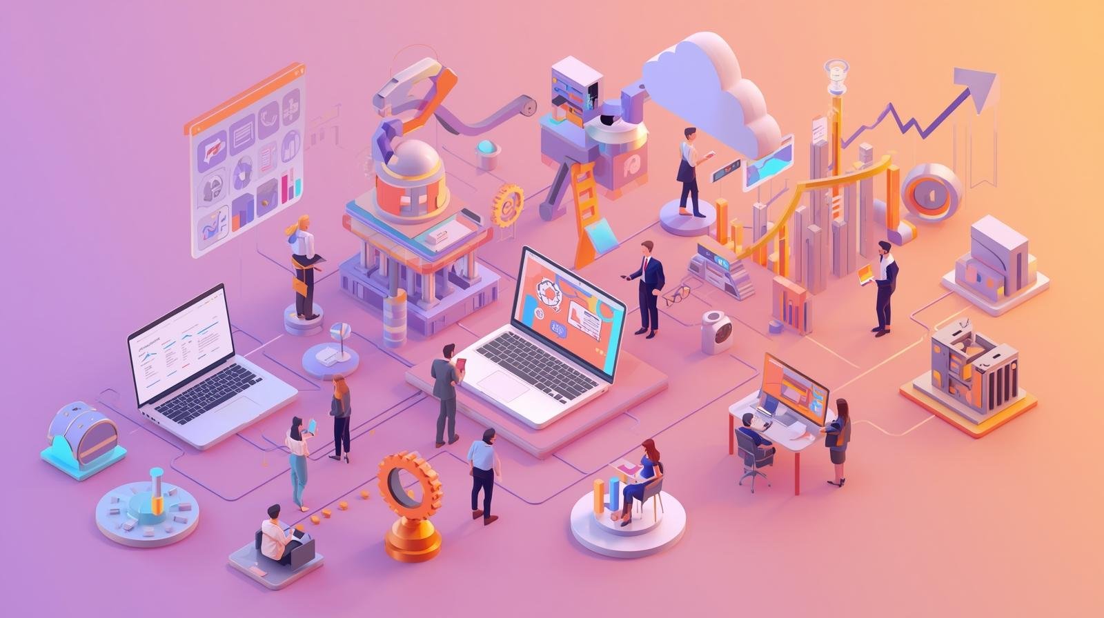 Small figures are shown interacting with the technology, devices, and each other, highlighting human interaction within the digital infrastructure.