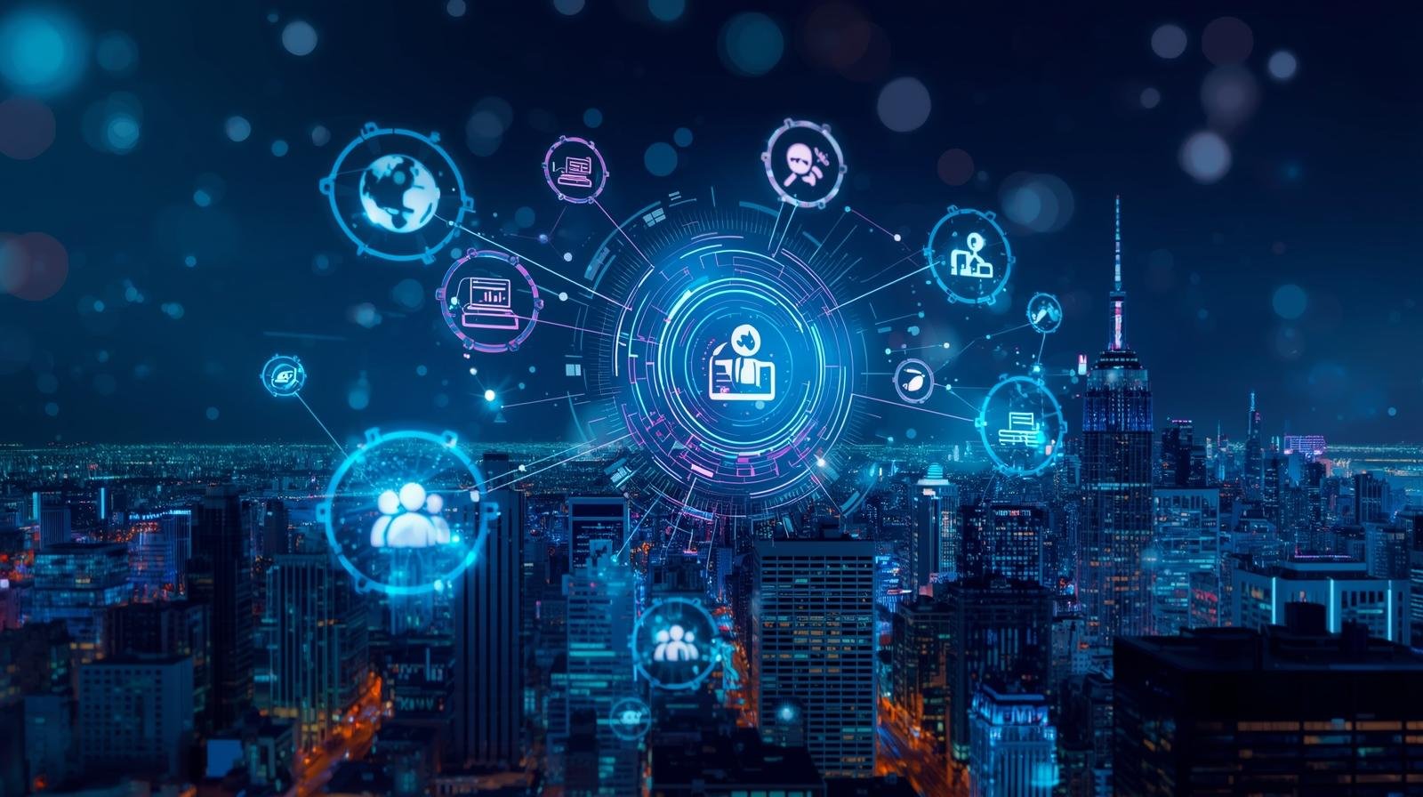 conceptual visualization of how data, communication, and digital services form the central nervous system of a technologically advanced, interconnected metropolis.