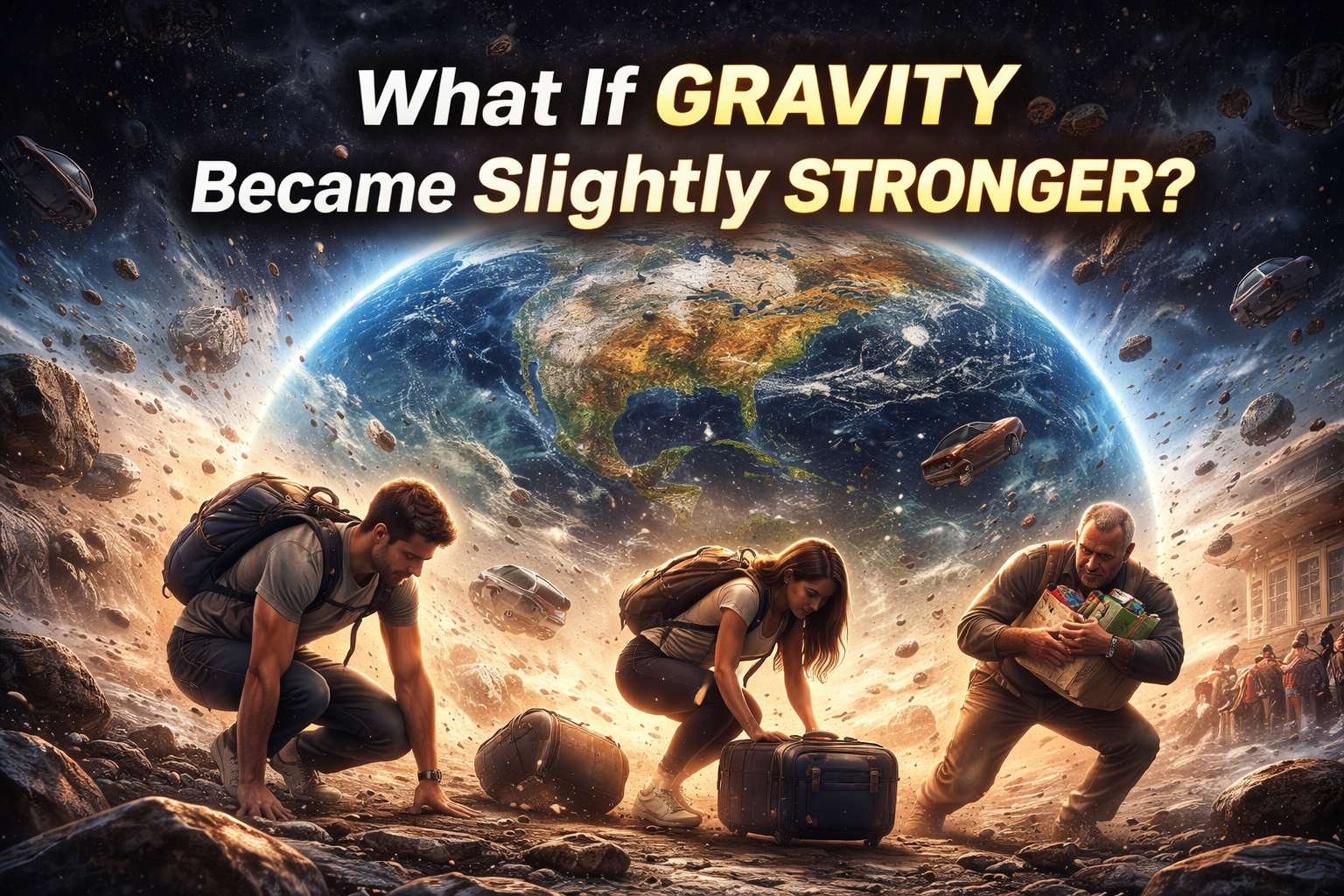 Illustration showing Earth under stronger gravity, with people, buildings, nature, and technology visibly affected, representing the impact of increased gravity on life and the planet.