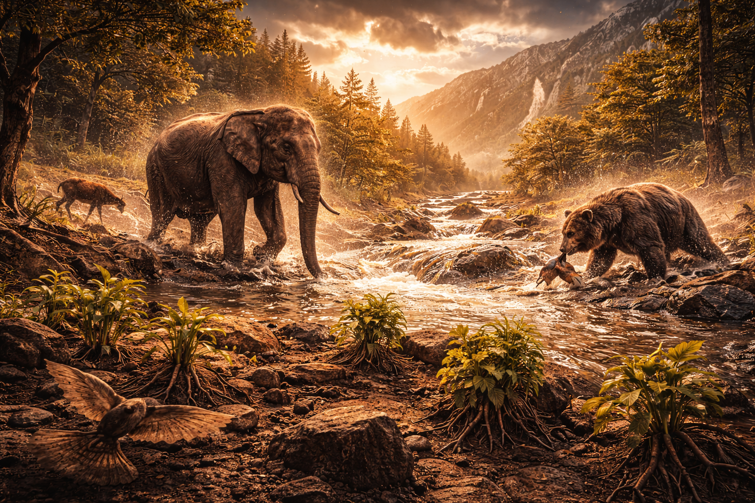 The image shows changes in nature under stronger gravity, with shorter trees, sturdier plants, and animals appearing heavier and less agile. Rivers flow faster, and the land looks denser, symbolizing environmental adaptation. The scene highlights how increased gravity could affect ecosystems, plant growth, and natural balance.