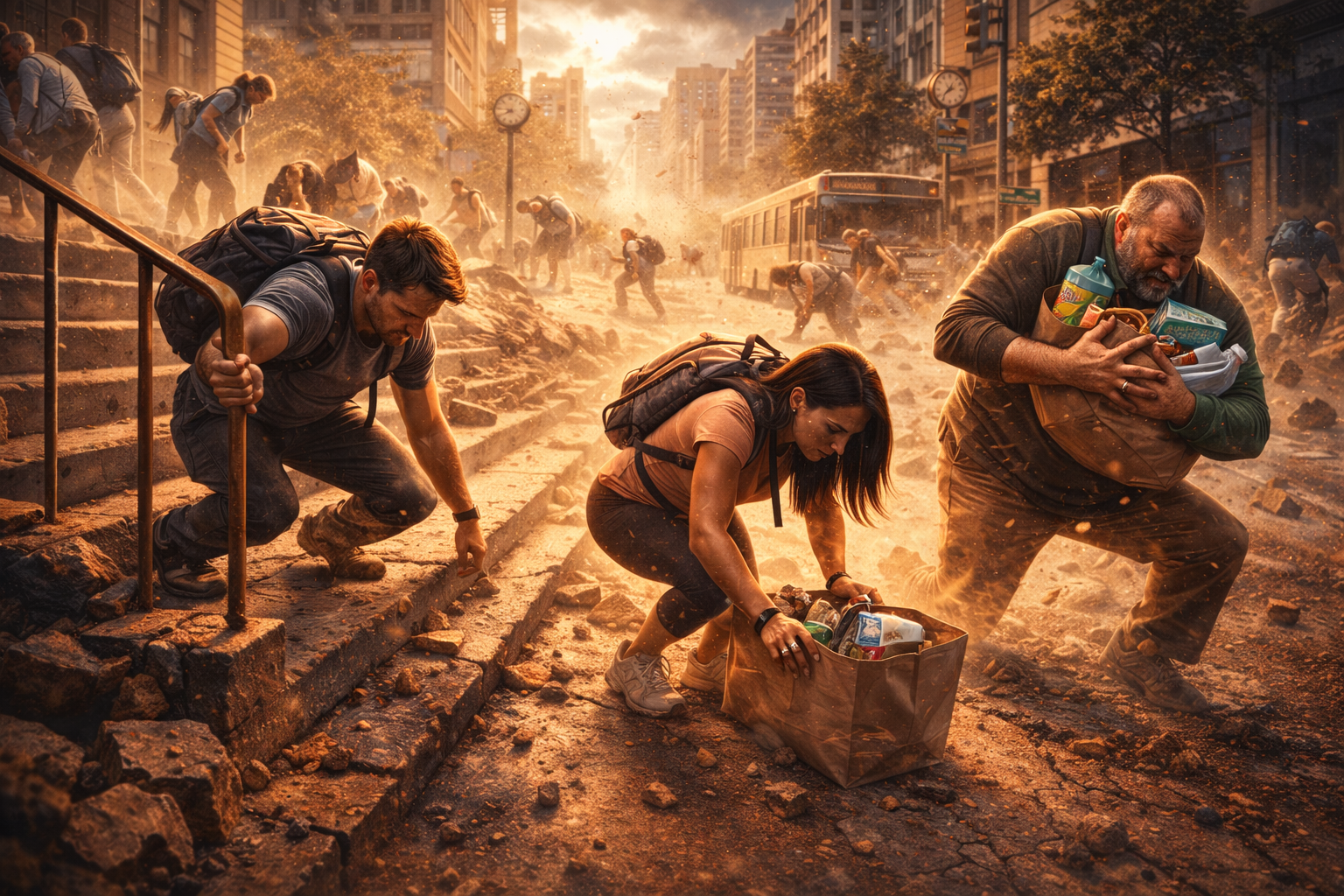 This image shows everyday activities becoming more difficult under stronger gravity. People are walking slowly, climbing stairs with effort, and carrying objects that feel heavier than usual. The scene represents how daily life and movement would change if gravity increased, affecting routine tasks, transportation, and physical activity.