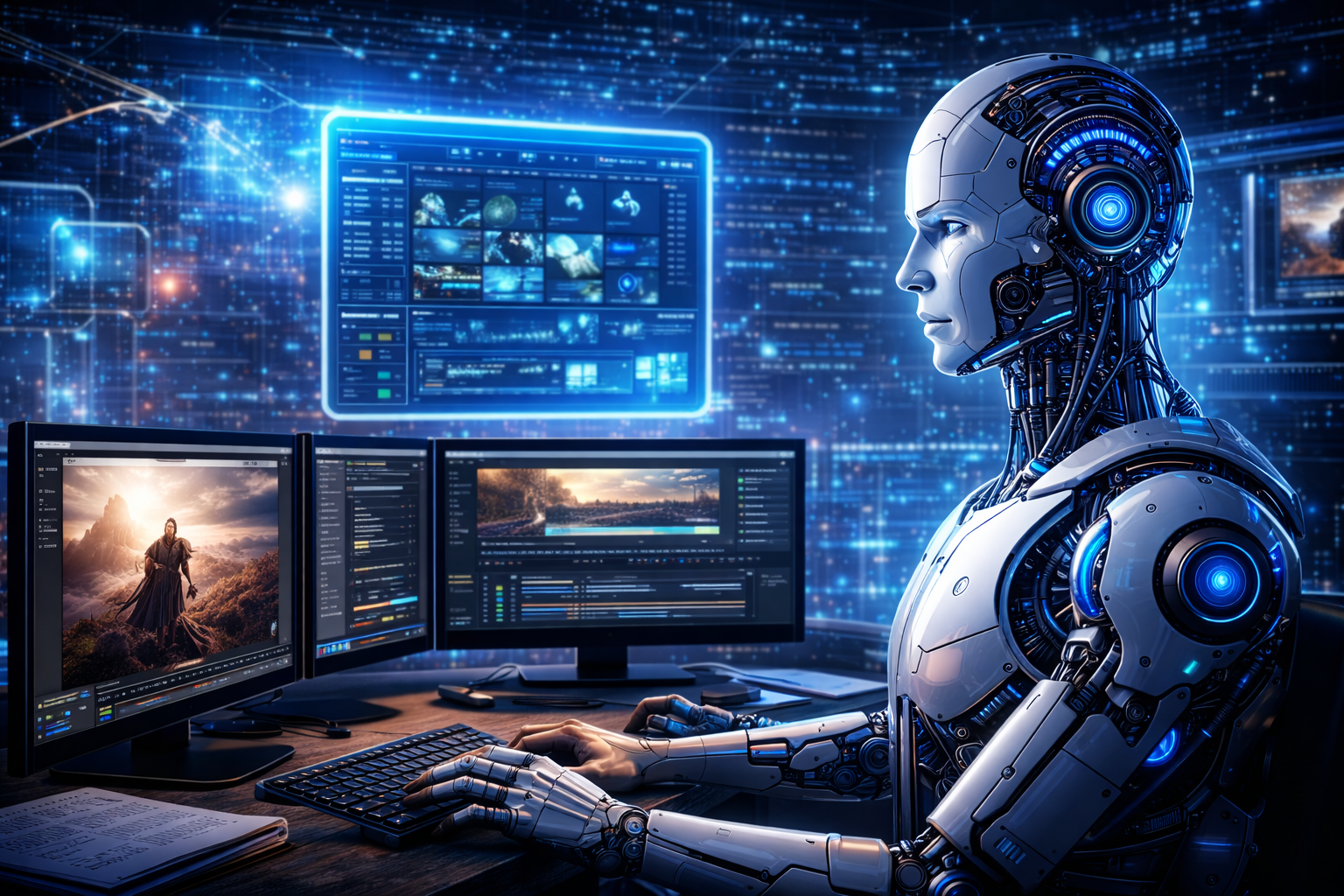 The image shows an advanced AI-powered system working in a modern film editing studio. A humanoid artificial intelligence operates multiple editing screens displaying video timelines, color grading tools, and visual effects panels. The futuristic setup represents AI-powered editing and post-production, where artificial intelligence in filmmaking assists with video editing, sound enhancement, color correction, and visual refinement. The glowing digital environment highlights how modern filmmaking technology is transforming post-production workflows, making the editing process faster, more precise, and more efficient.