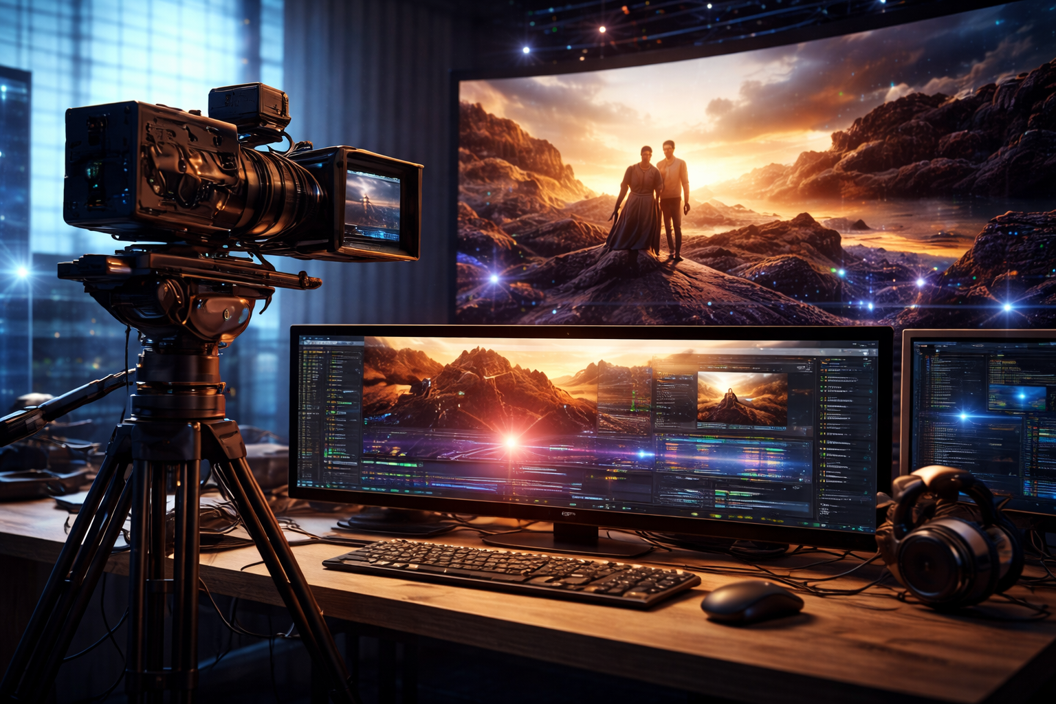 The image showcases a state-of-the-art virtual production setup used in modern filmmaking. A professional cinema camera is positioned in front of a large LED screen displaying a realistic digital environment, while multiple monitors show real-time editing and rendering software. This scene represents virtual production and filmmaking technology, where AI and advanced digital tools allow filmmakers to create immersive backgrounds, control lighting, and visualize scenes instantly. The image highlights how modern filmmaking technology is transforming film production by reducing location shoots and enhancing creative flexibility.