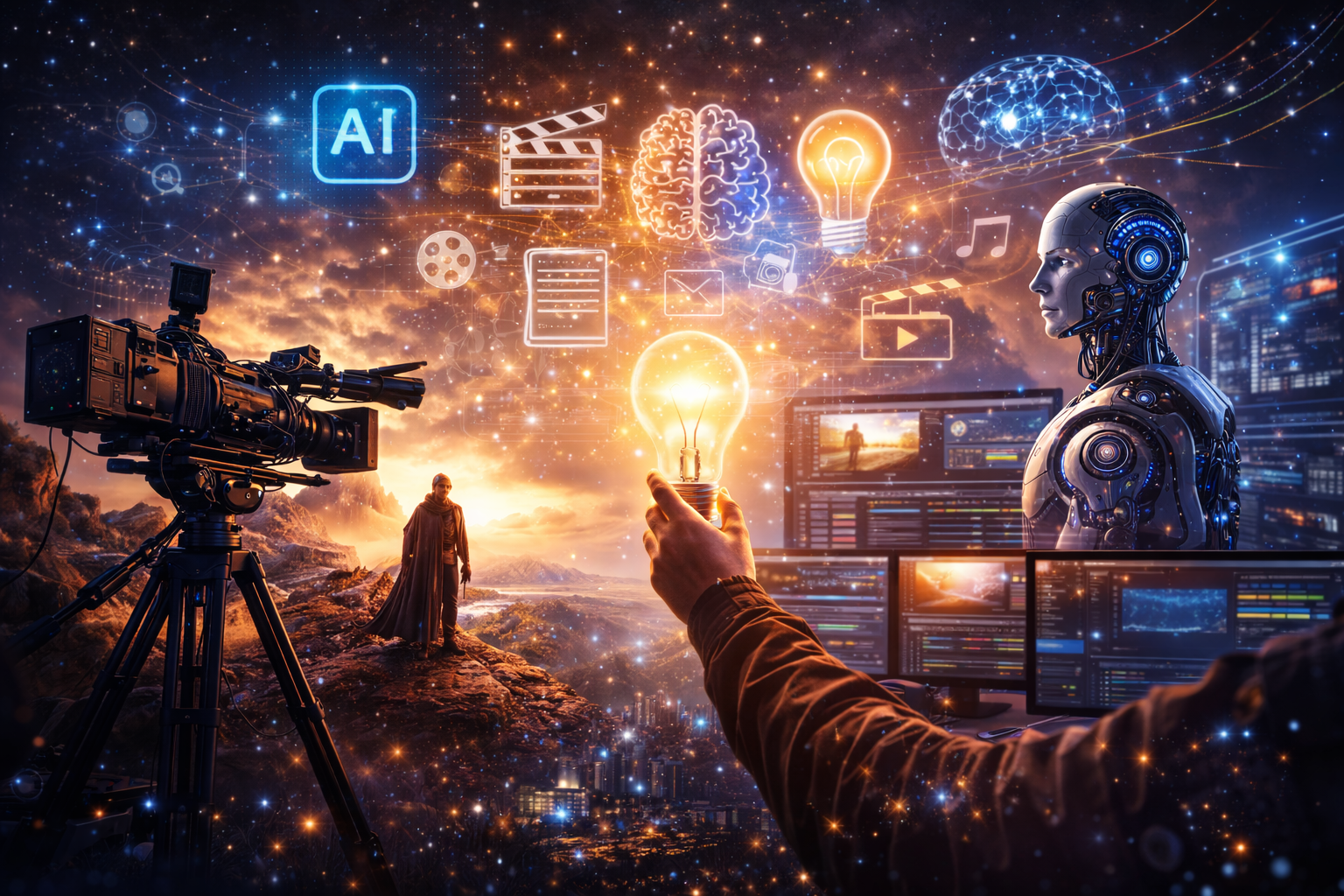 The image illustrates the impact of AI and technology on creativity and the film industry. A filmmaker is shown standing between traditional filmmaking tools and advanced digital systems, symbolizing the balance between human creativity and artificial intelligence. Visual elements like cameras, editing screens, AI icons, and creative symbols represent how AI in filmmaking is reshaping storytelling, production workflows, and artistic expression. The presence of futuristic technology highlights the growing influence of modern filmmaking technology on the film industry, while the human figure emphasizes that creativity remains at the core of cinema.