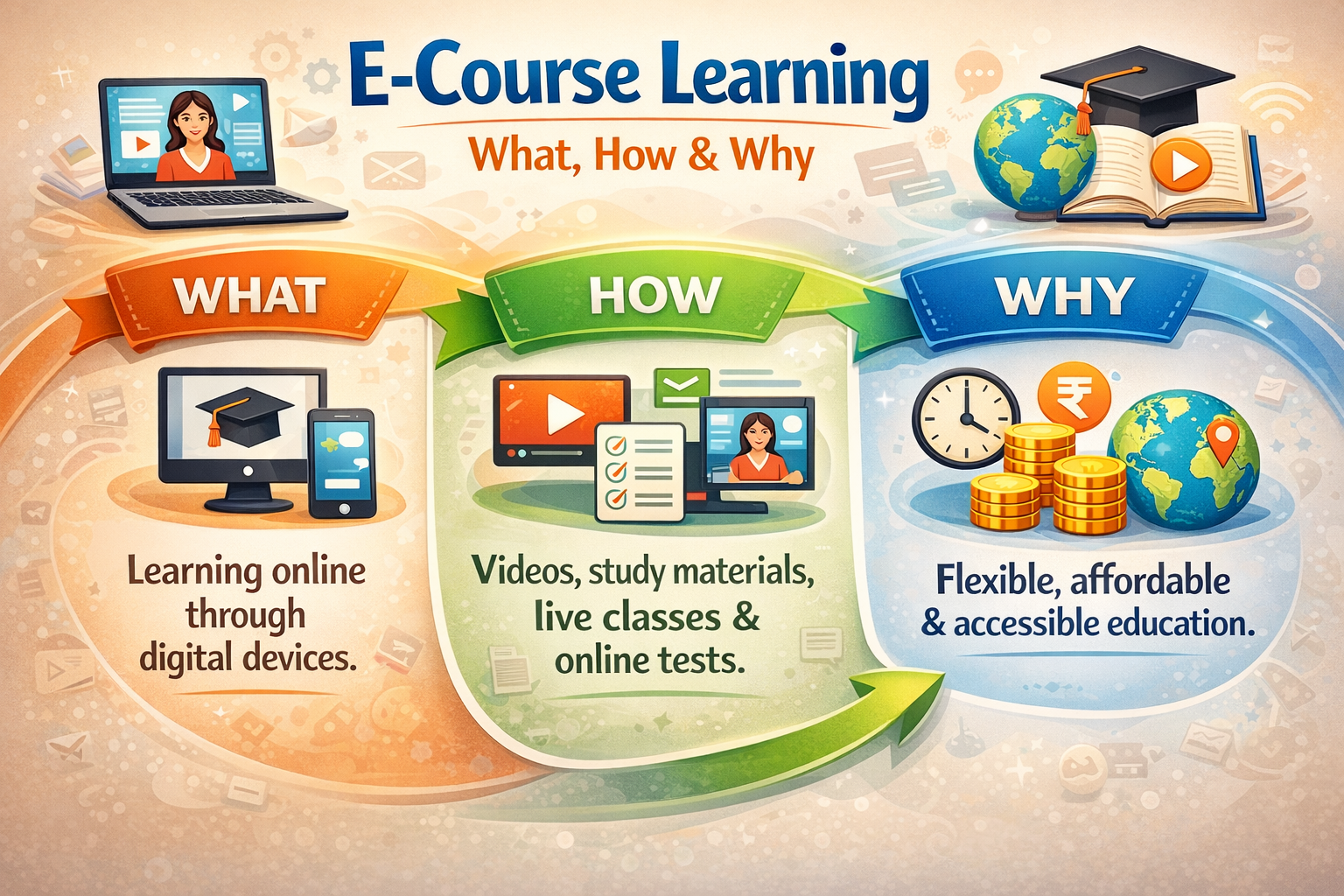 E-Course Learning: What, How & Why" with three sections. "What" shows online learning devices; "How" features videos and online tests; "Why" highlights flexibility and affordability. Icons include a laptop, graduation cap, clock, and coin