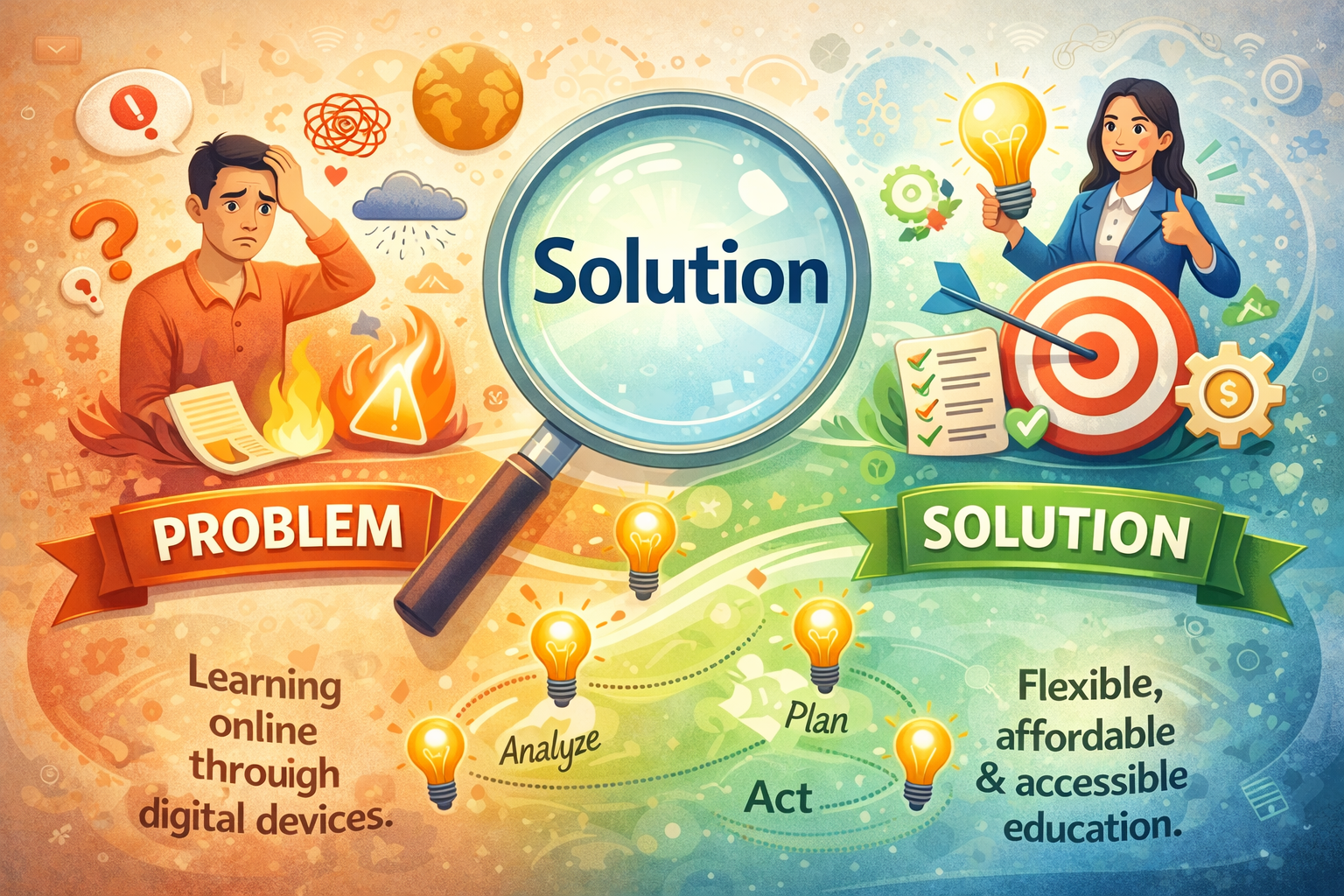 Illustration contrasting problem and solution in education. Left: stressed man, digital chaos. Right: confident woman, organized, solution-focused. Central magnifying glass connects both sides. Keywords: problem, solution, online learning.