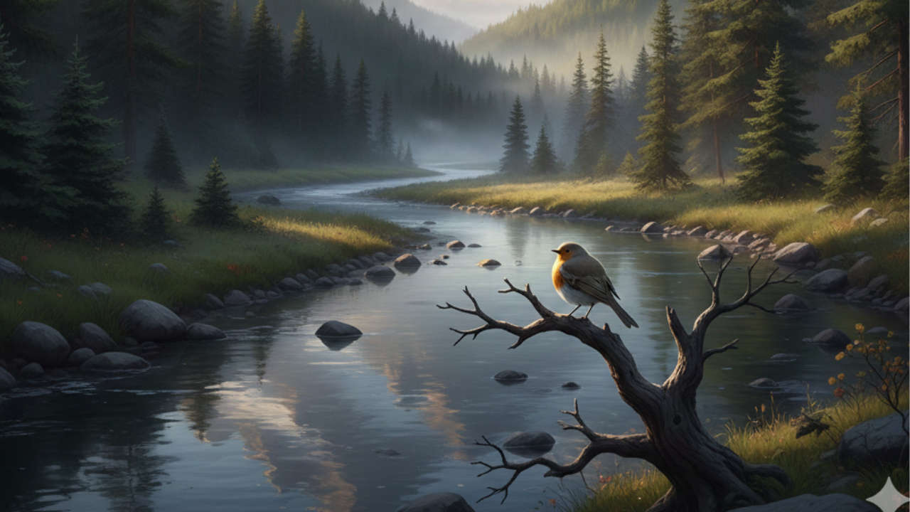 The purpose of this image is to show peaceful nature and calm mountain scenery. It highlights the beauty of a quiet river, green trees, soft sunlight, and a small bird resting on a branch.