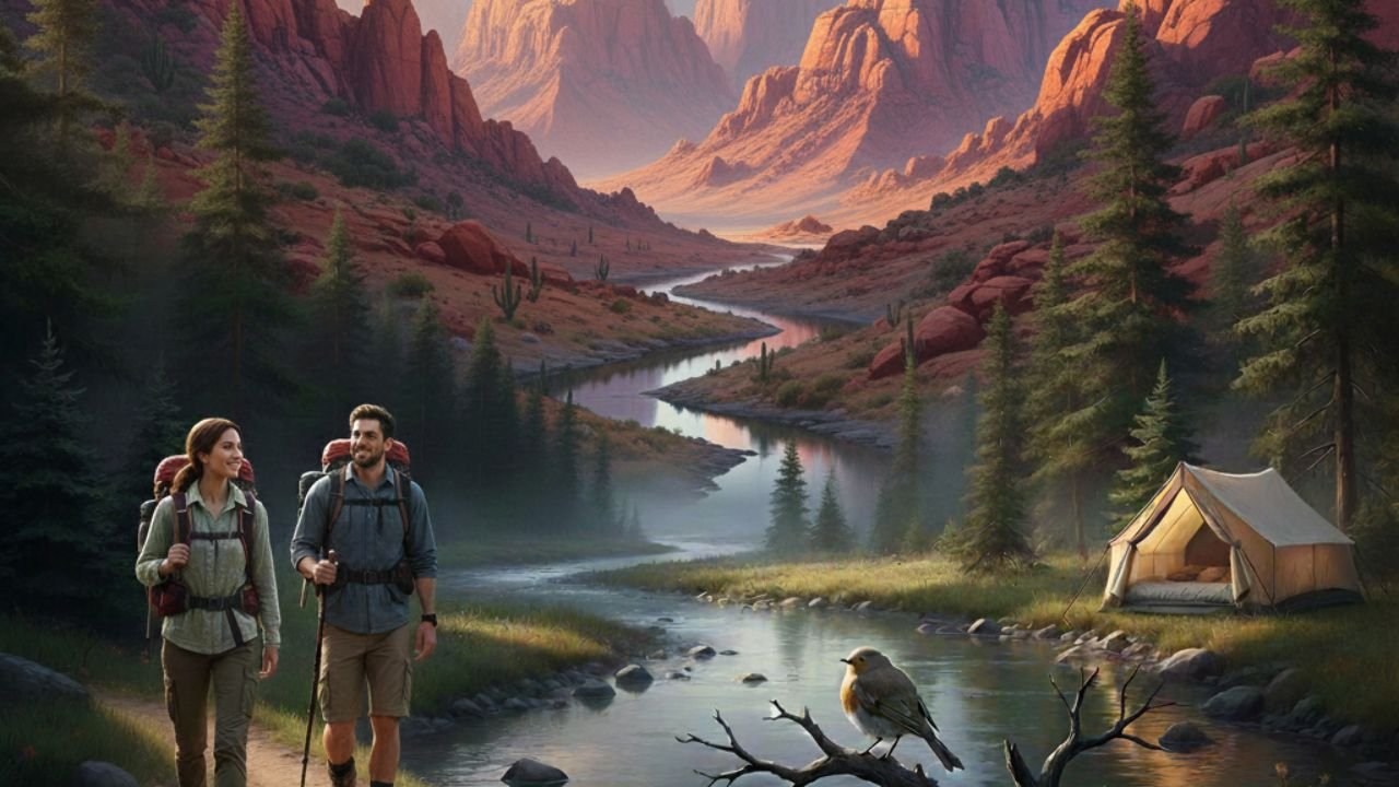 The image shows a calm mountain scene with tall rocks, a flowing river, and green trees. A man and woman hike happily, while a tent and a small bird add to the peaceful nature vibe.