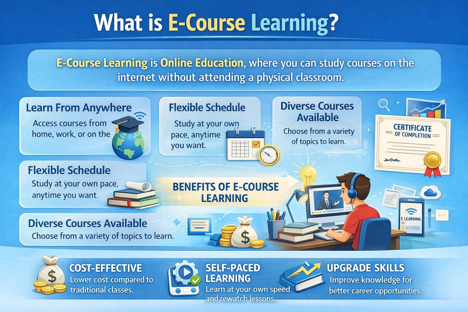 "What is E-Course Learning?" highlights benefits like learning from anywhere, flexible schedules, diverse courses, cost-effectiveness, self-paced learning, and skill upgrades. Elements include icons of a globe, calendar, checklist, and certificates. Tone is informative and positive.