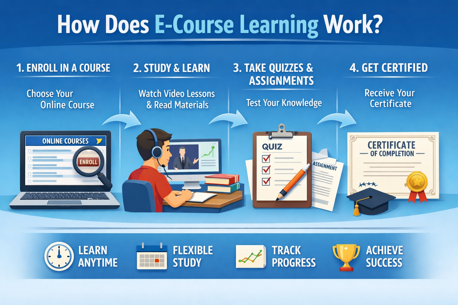 How Does E-Course Learning Work?" shows a four-step process: enrolling, studying, taking quizzes, and getting certified. Icons include a laptop, person studying, quiz paper, and a completion certificate. Keywords: learn anytime, flexible study, track progress, achieve success.