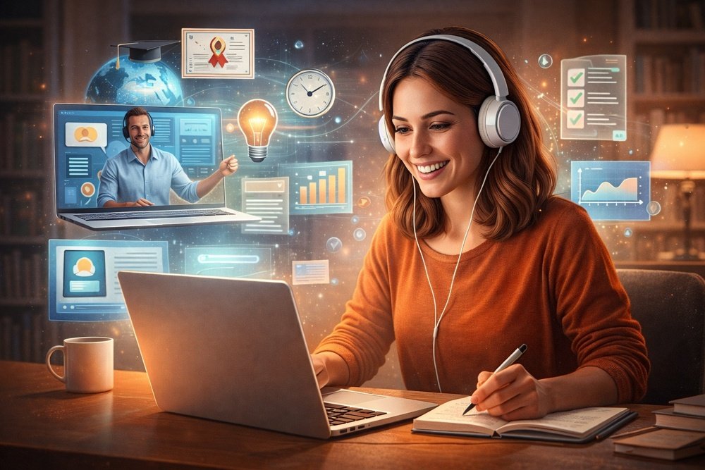 Student attending an online course on a laptop with digital learning icons, representing the benefits of e-course learning and online education.