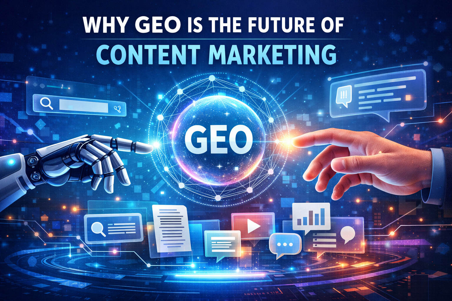 Illustration showing GEO (Generative Engine Optimization) as the future of content marketing, highlighting the connection between AI technology, human creativity, and AI-powered search engines.
