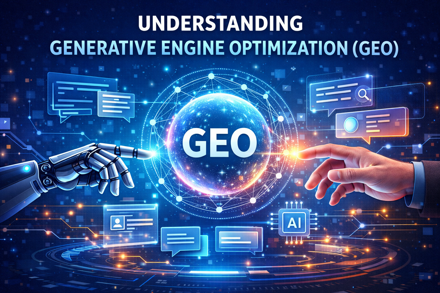 A robotic and human hand reaching toward a glowing globe labeled "GEO." Surrounding icons display AI elements, symbolizing technology and collaboration.
