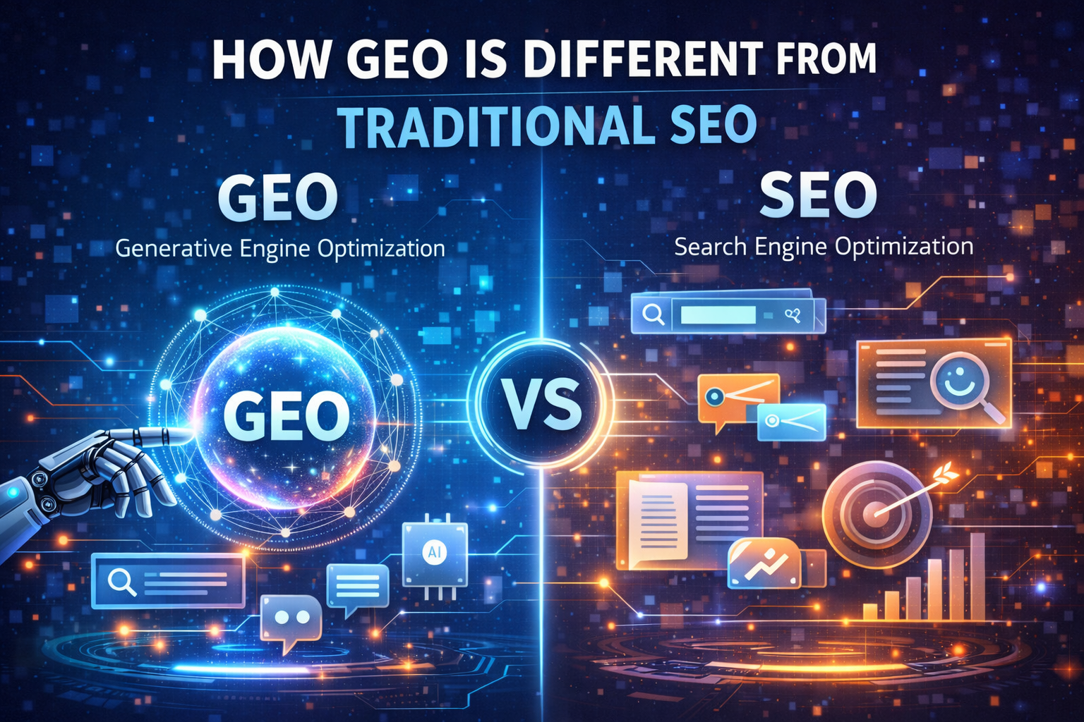 Split image comparing "GEO: Generative Engine Optimization" with "SEO: Search Engine Optimization." Left side is blue with a digital globe and robot hand. Right side is orange with search icons and graphs. Center reads "VS." Futuristic tech theme.