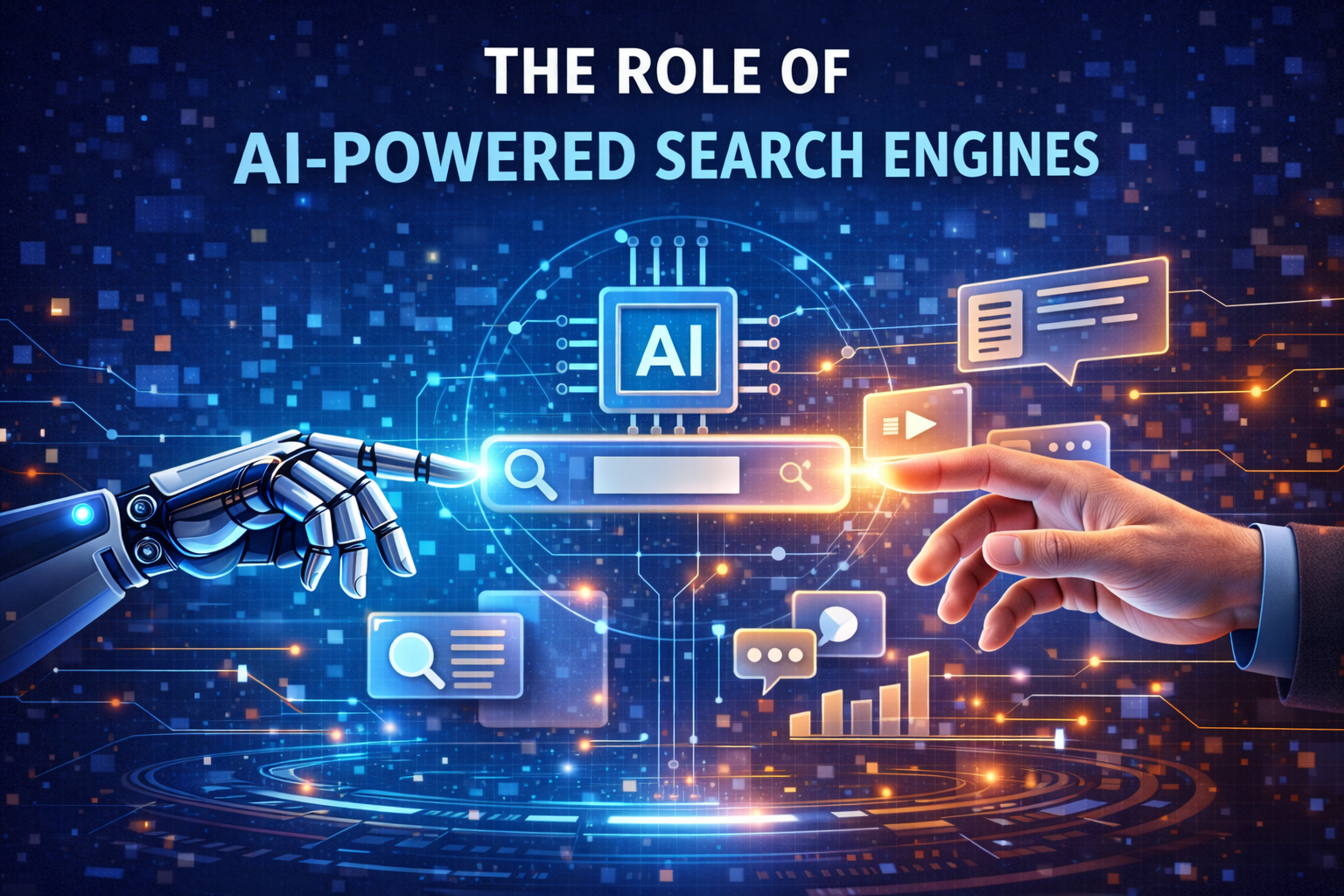 A robotic and a human hand reach towards an AI interface, symbolizing collaboration. Futuristic graphics show digital data and search icons.