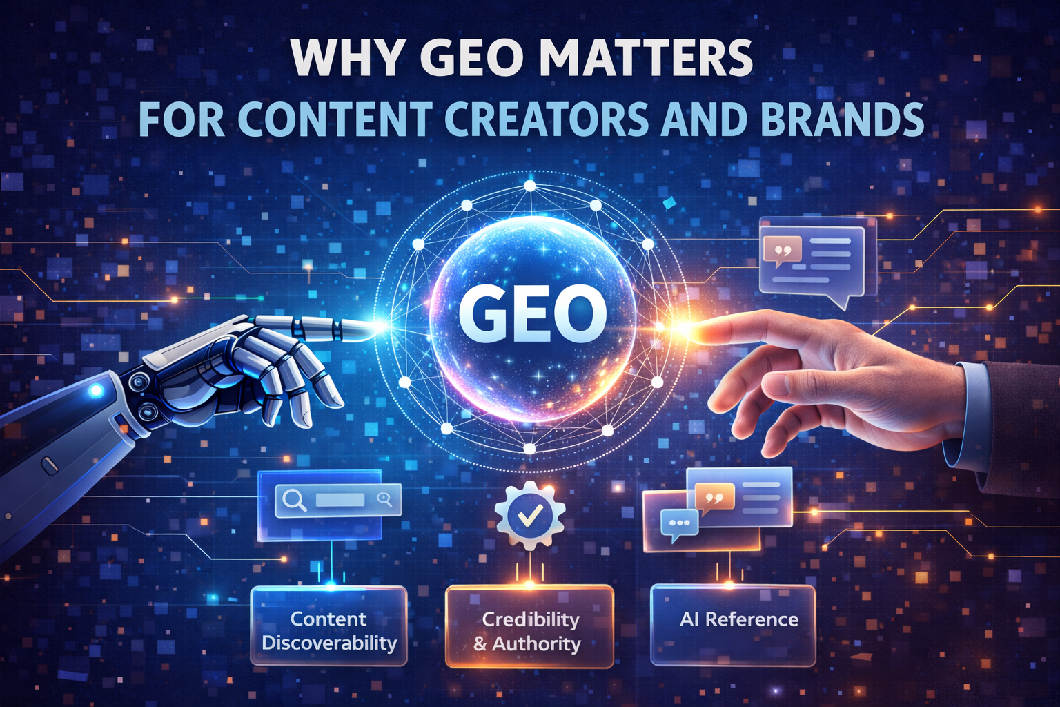 A robot and human hand reach for a glowing sphere labeled "GEO," symbolizing connection. Text highlights importance for content, credibility, and AI.