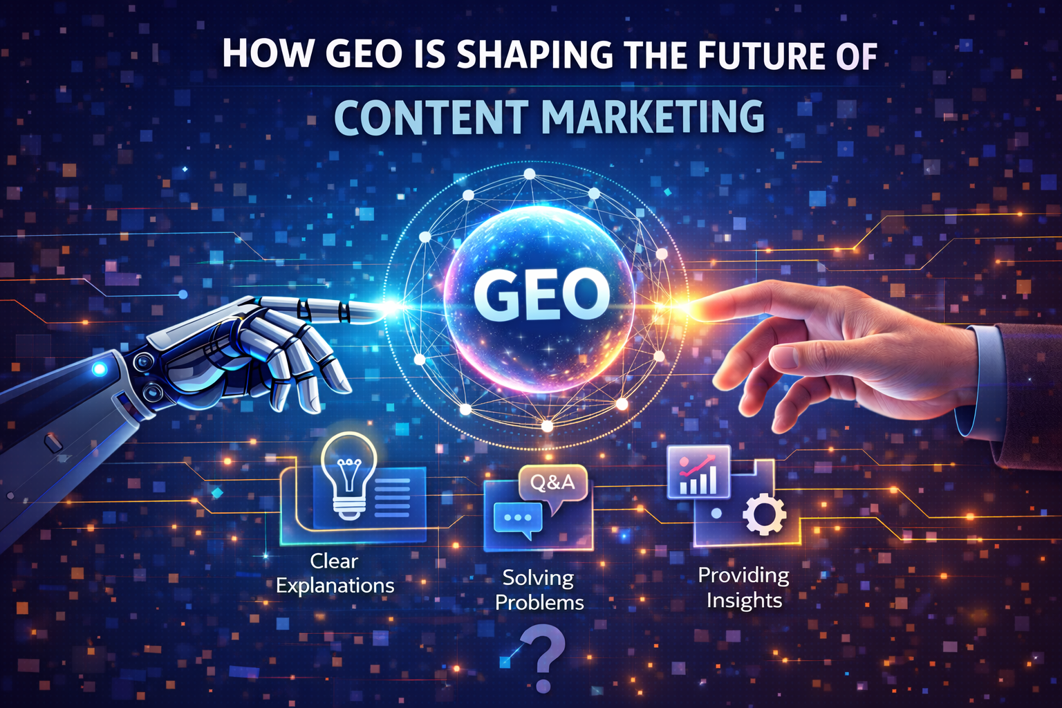 A robot and human hand reach toward a glowing orb labeled "GEO" in space. Below, icons represent clear explanations, solving problems, and providing insights.