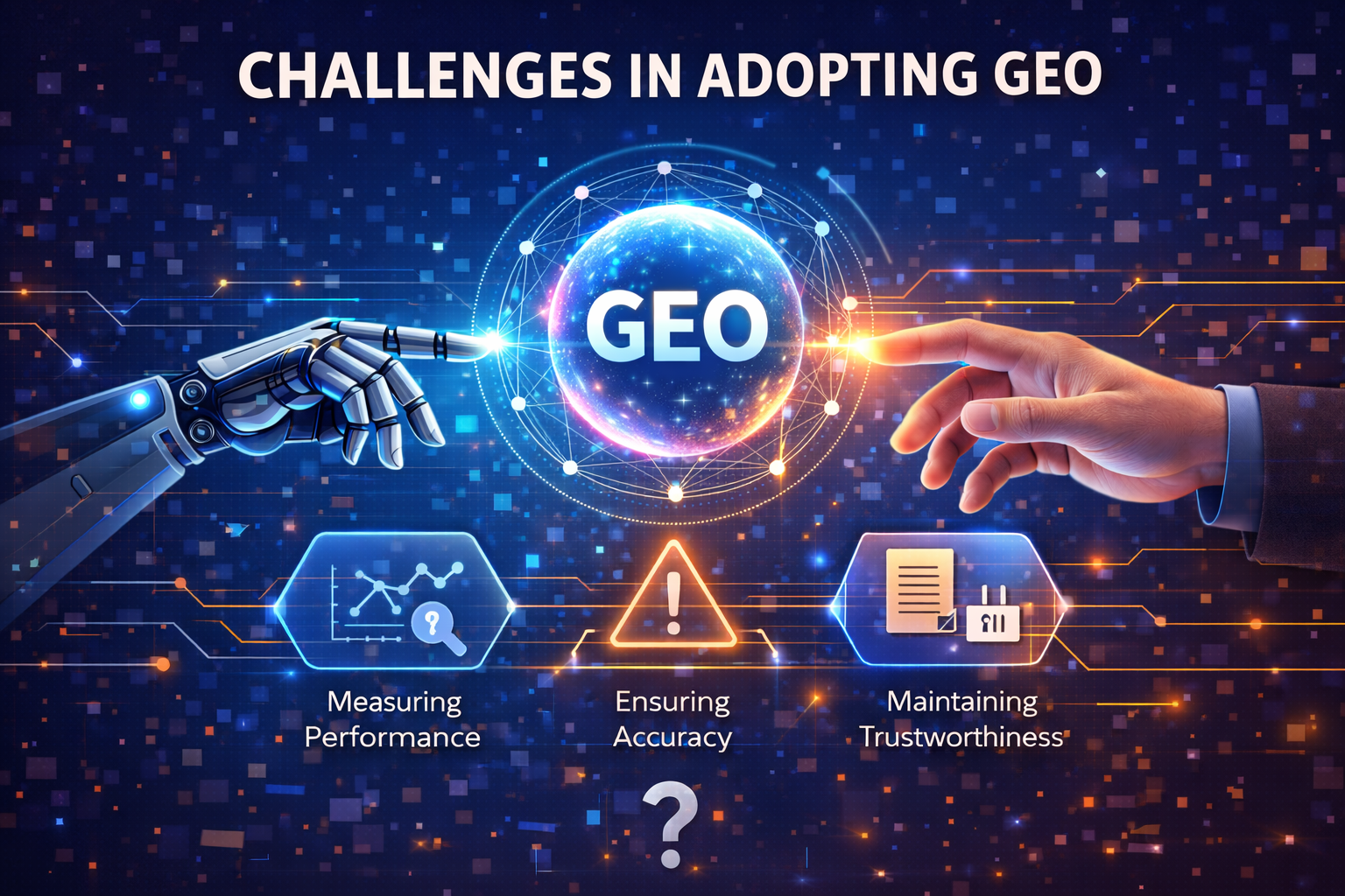 A robotic and a human hand reach toward a glowing GEO sphere, symbolizing unity. Icons below highlight challenges: performance, accuracy, and trust. Futuristic tone.