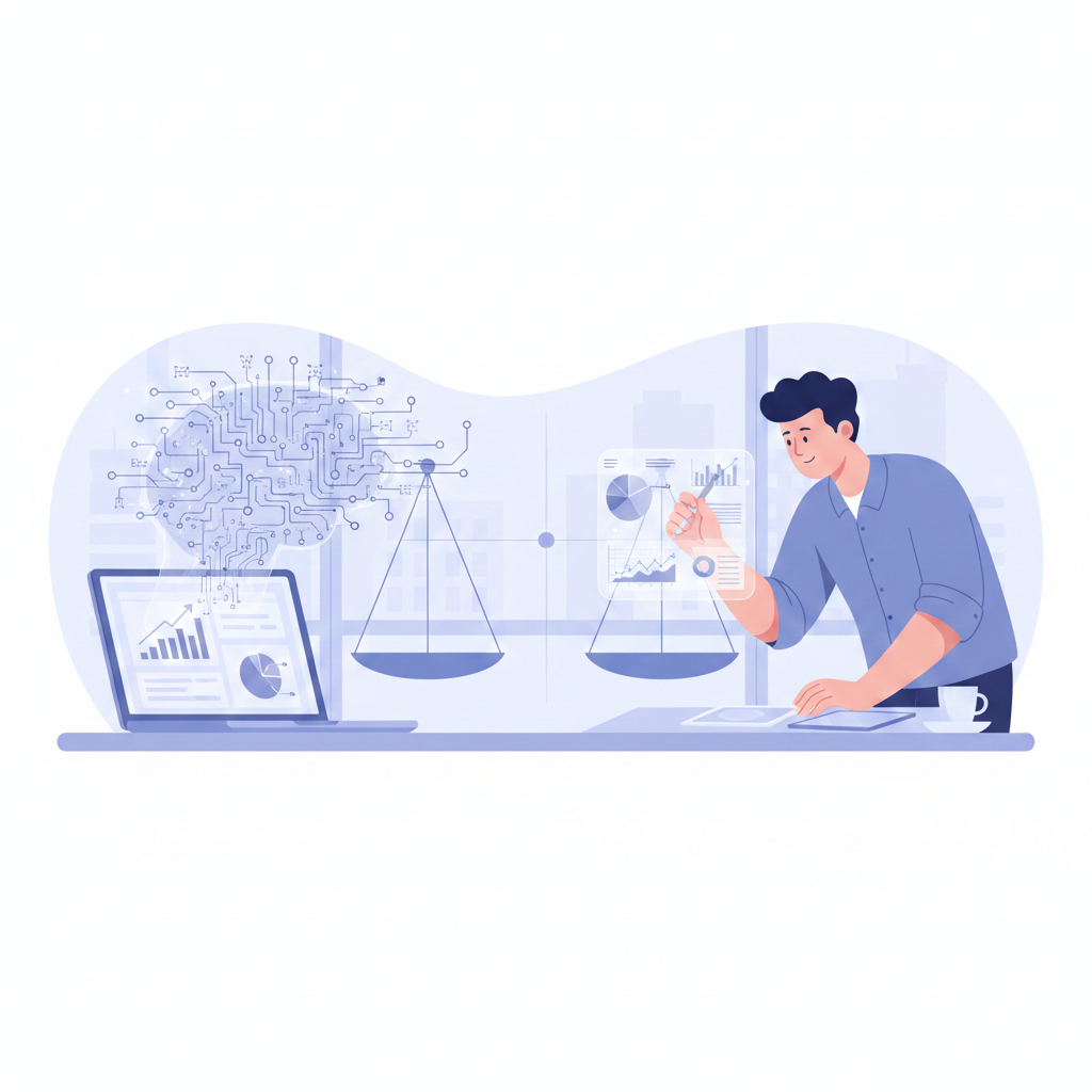 Illustration showing the balance between AI and human roles in digital marketing