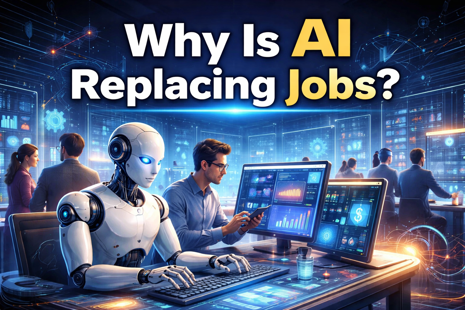 “Artificial intelligence robot working alongside humans in a digital office, representing the impact of AI on jobs and the future of employment.”