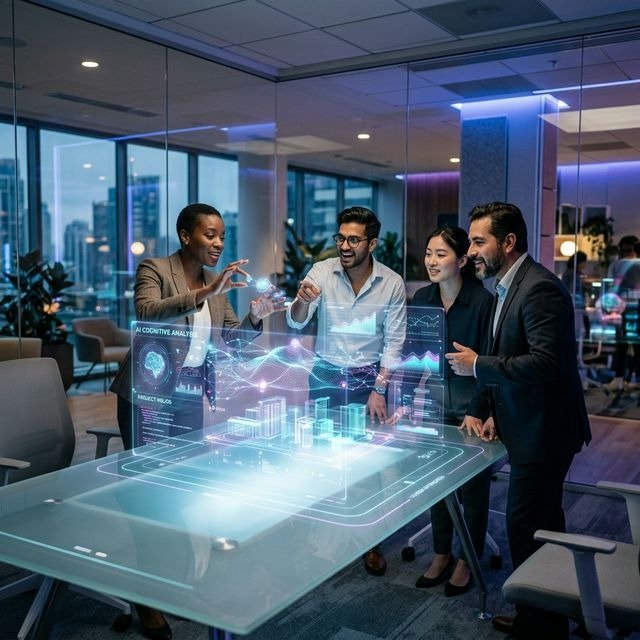 “Business team using artificial intelligence dashboard and holographic data visualization in office, showing AI transforming workplace jobs.”