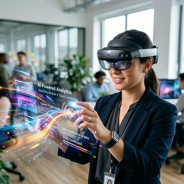“Employee learning future skills with AI and augmented reality technology, showing upskilling in the age of automation.”