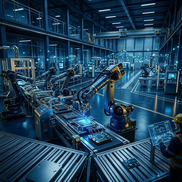 “AI-powered robots working in a manufacturing plant, showing automation replacing human jobs in modern industry.”