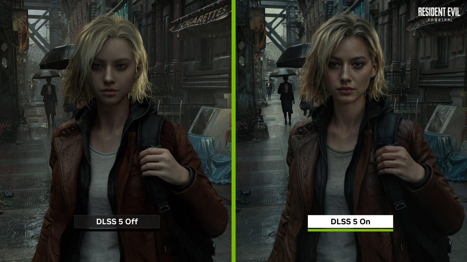 DLSS 5 comparison showing a young woman character in a rainy city street from a Resident Evil scene