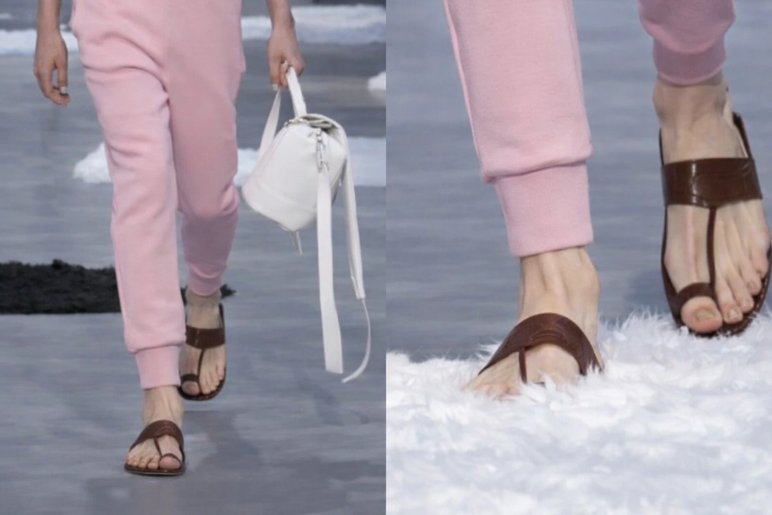 man wearing toe ring sandals in Prada runway
