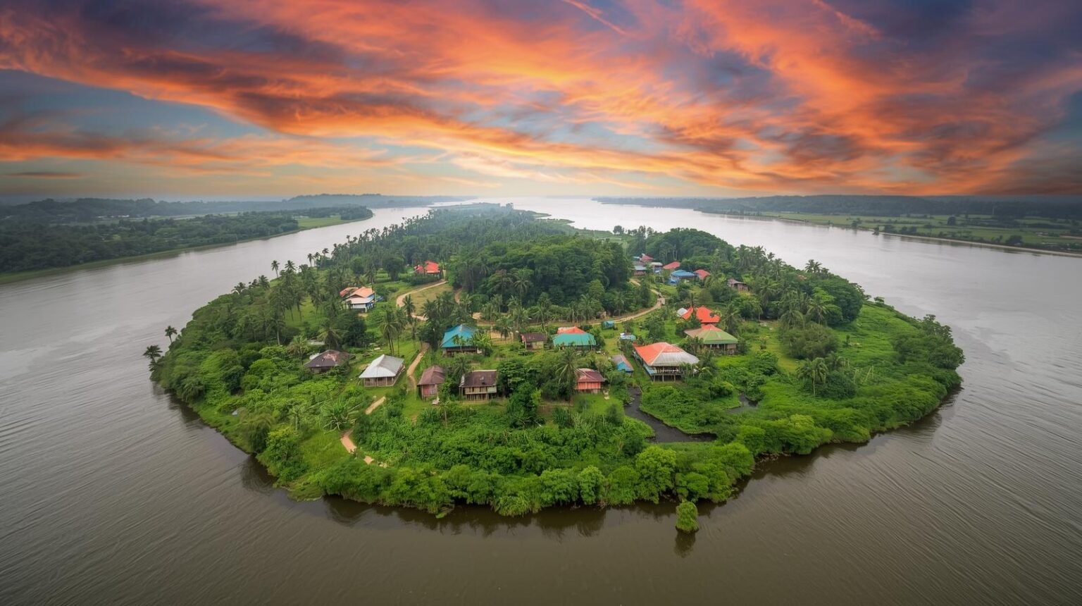 a scenic view of Majuli Island in Assam below—featuring riverside greenery, small houses, and a calm water body.”