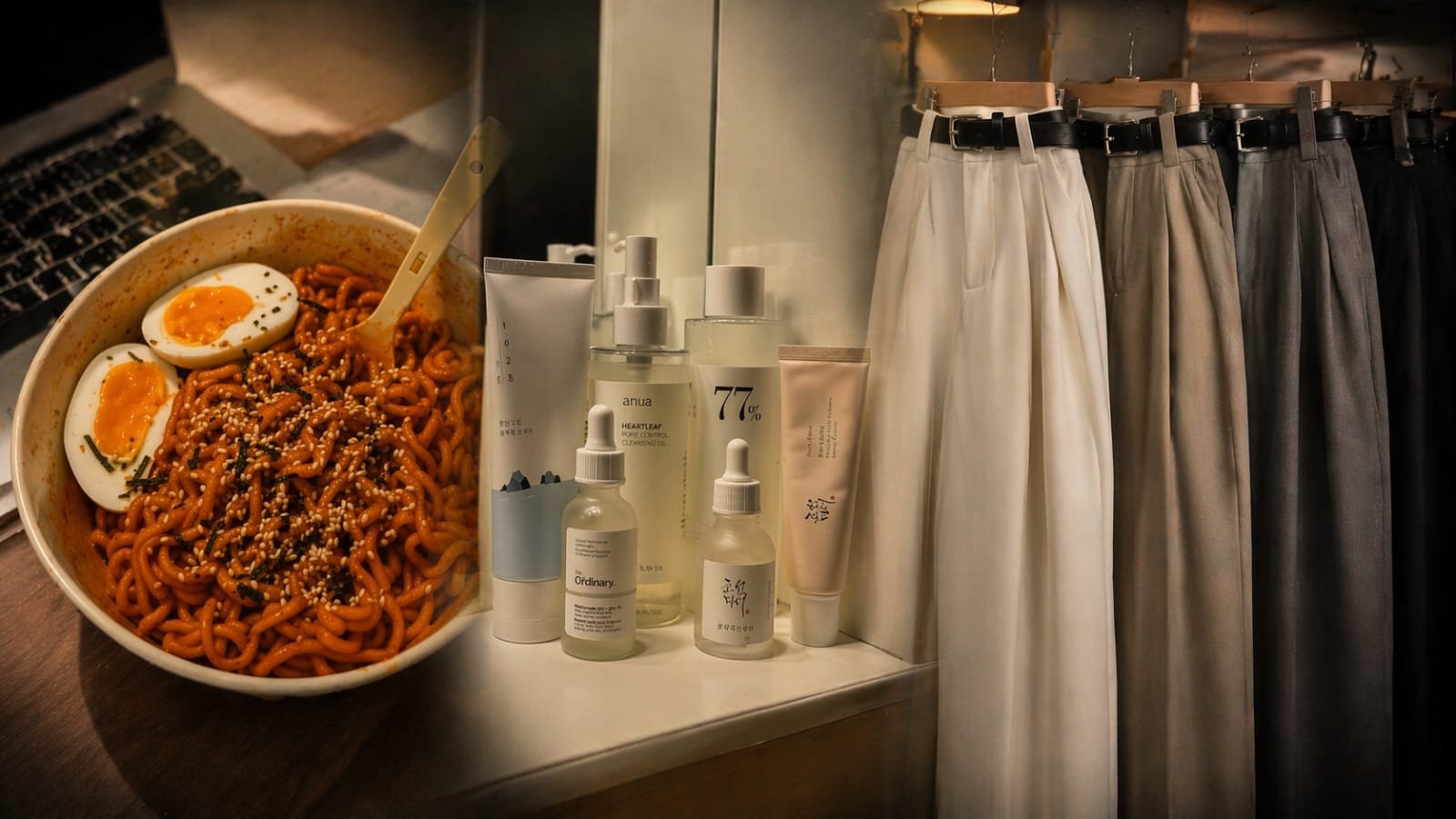 Collage of Korean Fashion, Skincare and Food