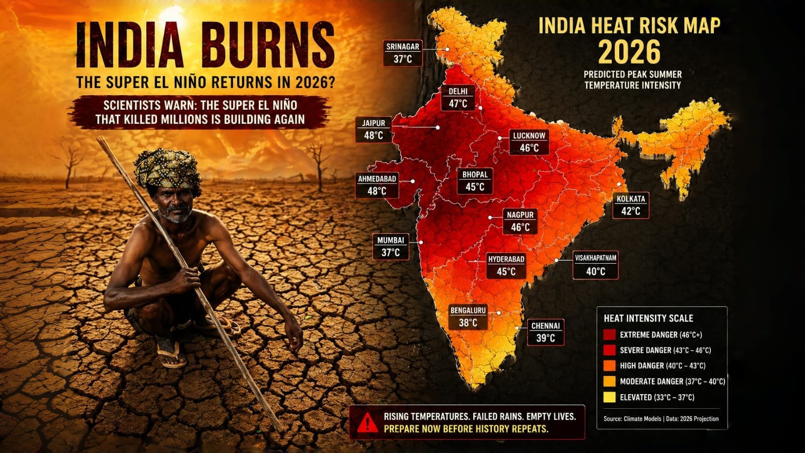 Projected India heatwave map for 2026 showing extreme temperatures and El Niño impact