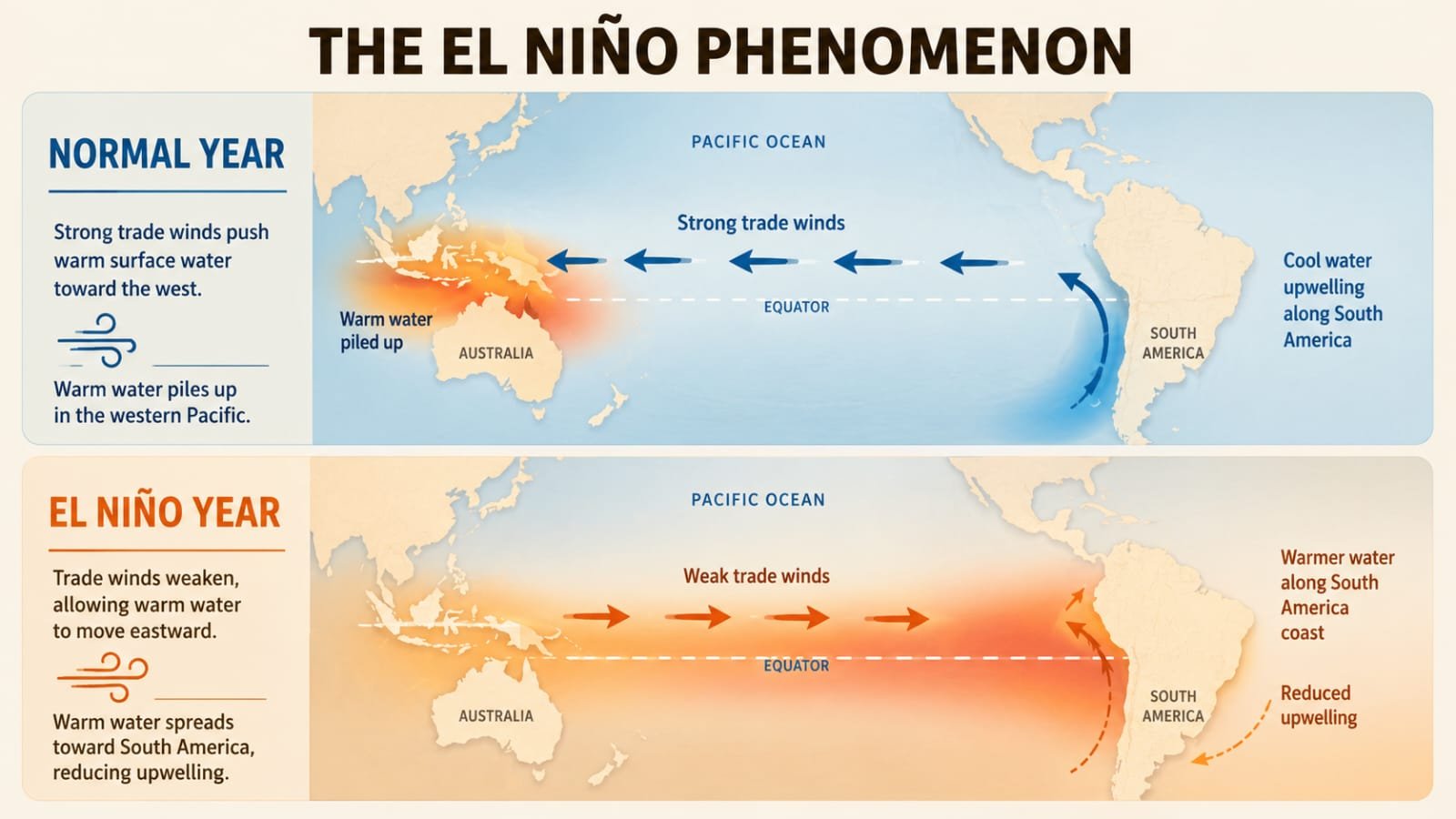 Diagram showing normal vs El Niño conditions in the Pacific Ocean with wind and warm water shift