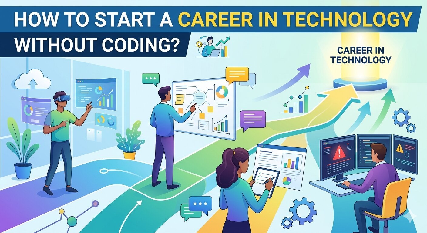 Team of professionals collaborating in a modern office with laptops and digital dashboards, representing non-coding tech careers with benefits like high salary, remote work, and growing demand.