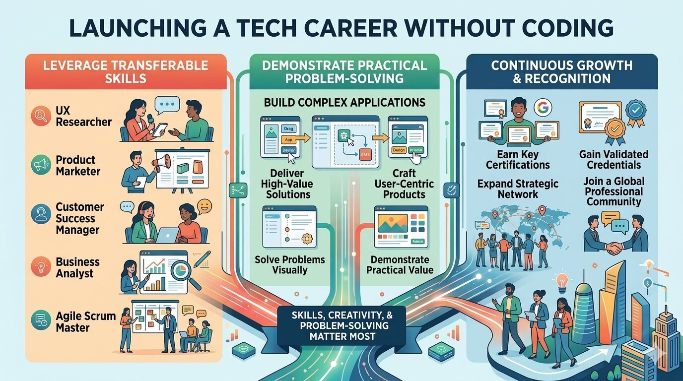 Infographic on launching a tech career without coding, showing transferable skills, practical problem-solving, certifications, networking, and career growth opportunities.