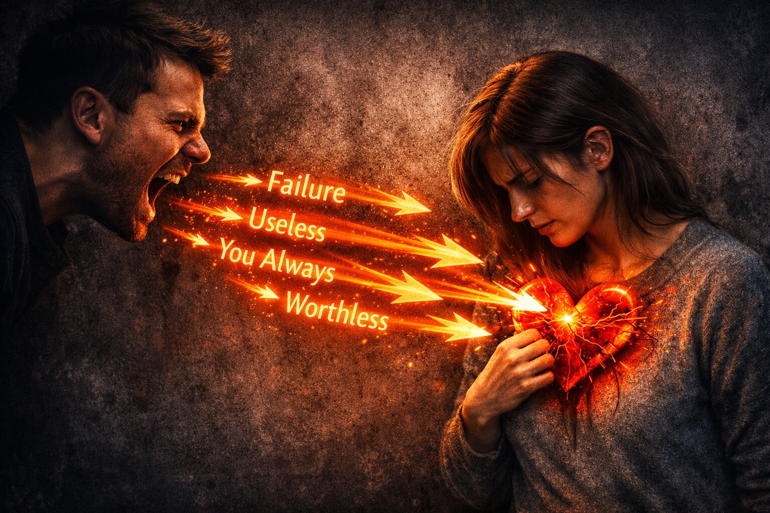 image of man's words hurting woman's heart like arrows.