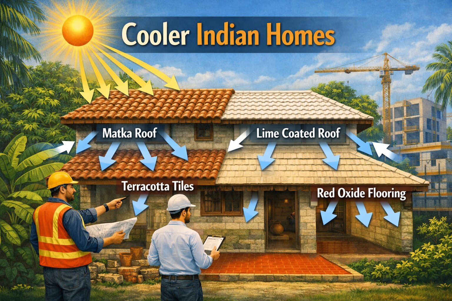 building cooler homes in India with matka roof, lime coated roof, red-oxide or kaavi flooring.