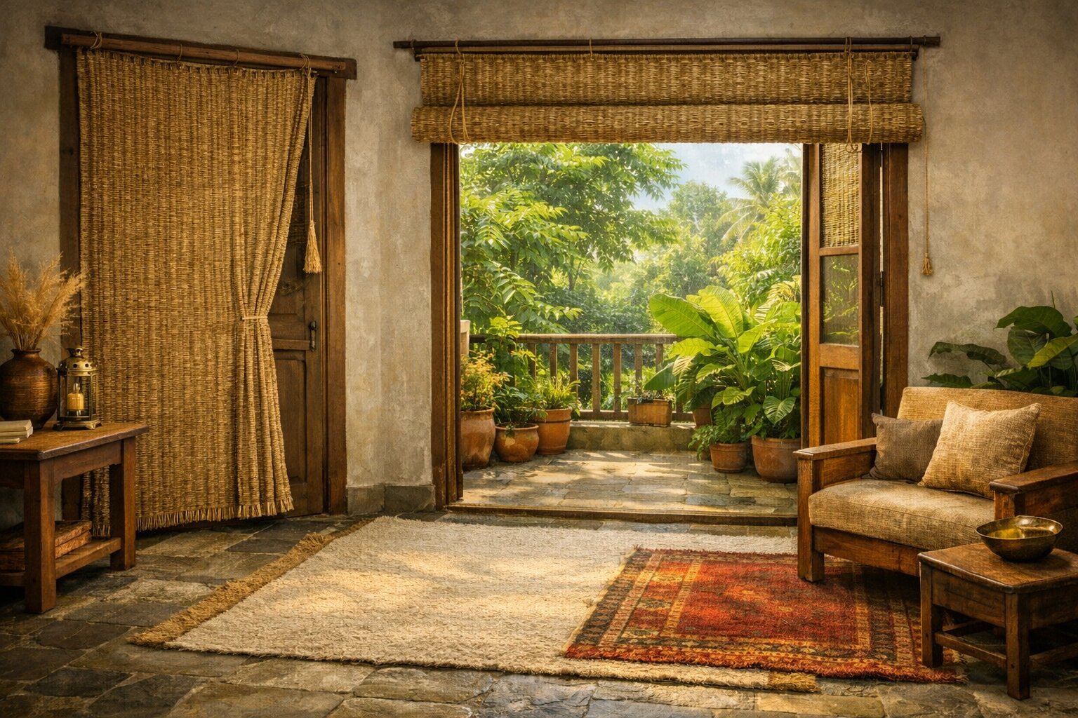 Integrating traditional cooling methods. Vetiver curtains, plant trees shades, stone floor rugs.
