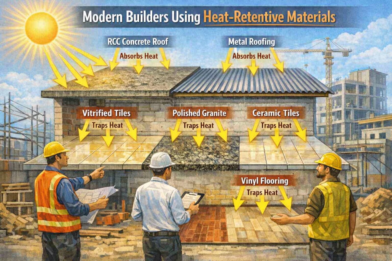 modern builders using heat retentive materials for building houses. Absorbs or traps heat.