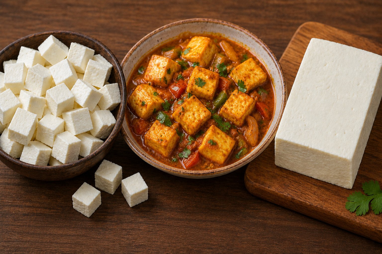 Fresh paneer cubes, paneer curry, and a block of paneer arranged on a wooden surface, showcasing different forms of paneer.