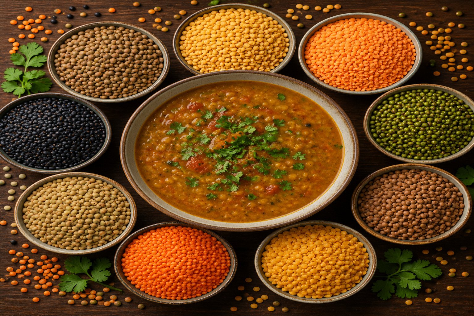 Nutritious lentil soup in a bowl surrounded by different types of lentils and pulses on a rustic wooden surface.