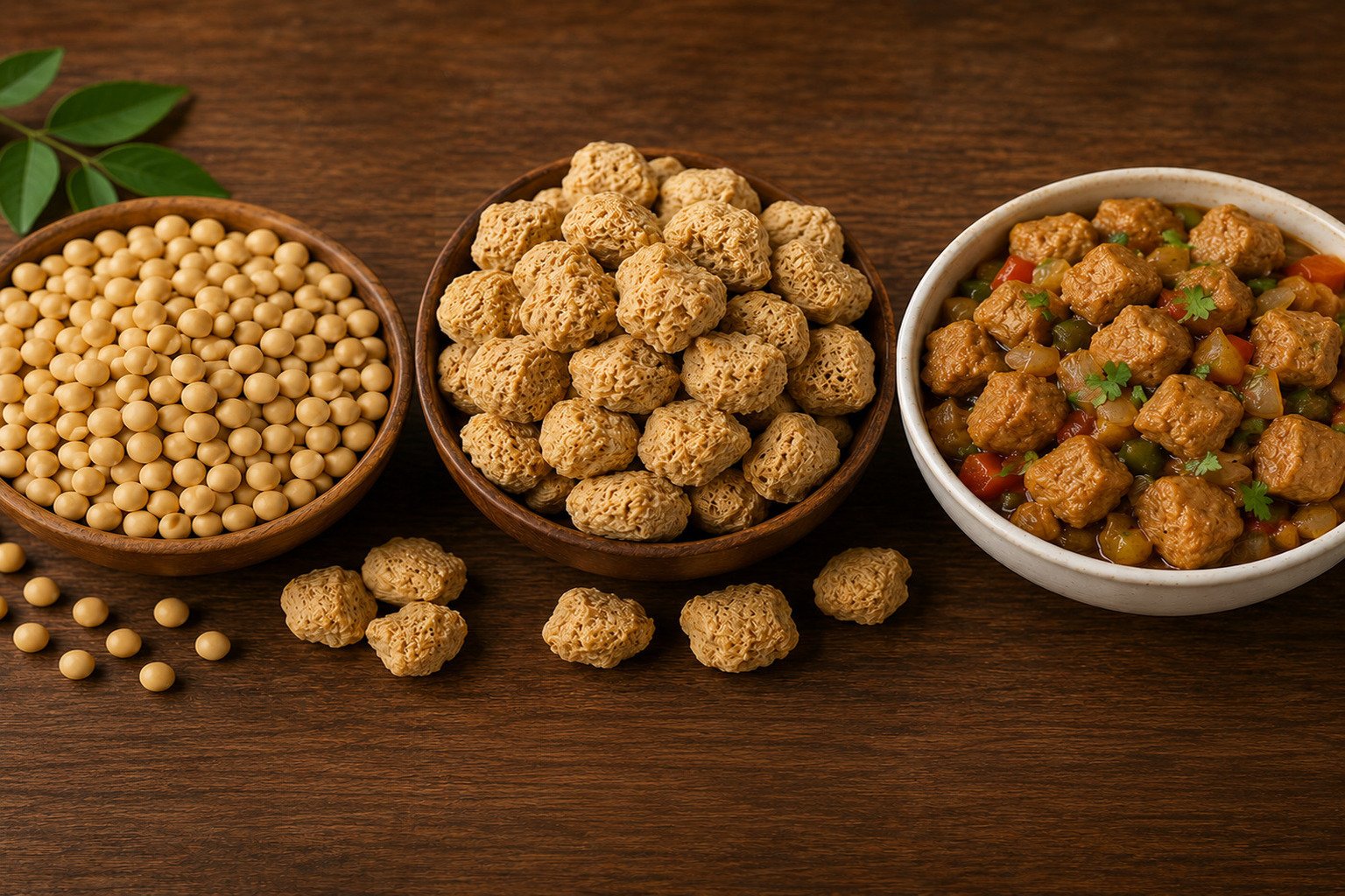 Whole soybeans, uncooked soya chunks, and cooked soya chunks are displayed side by side on a wooden table.