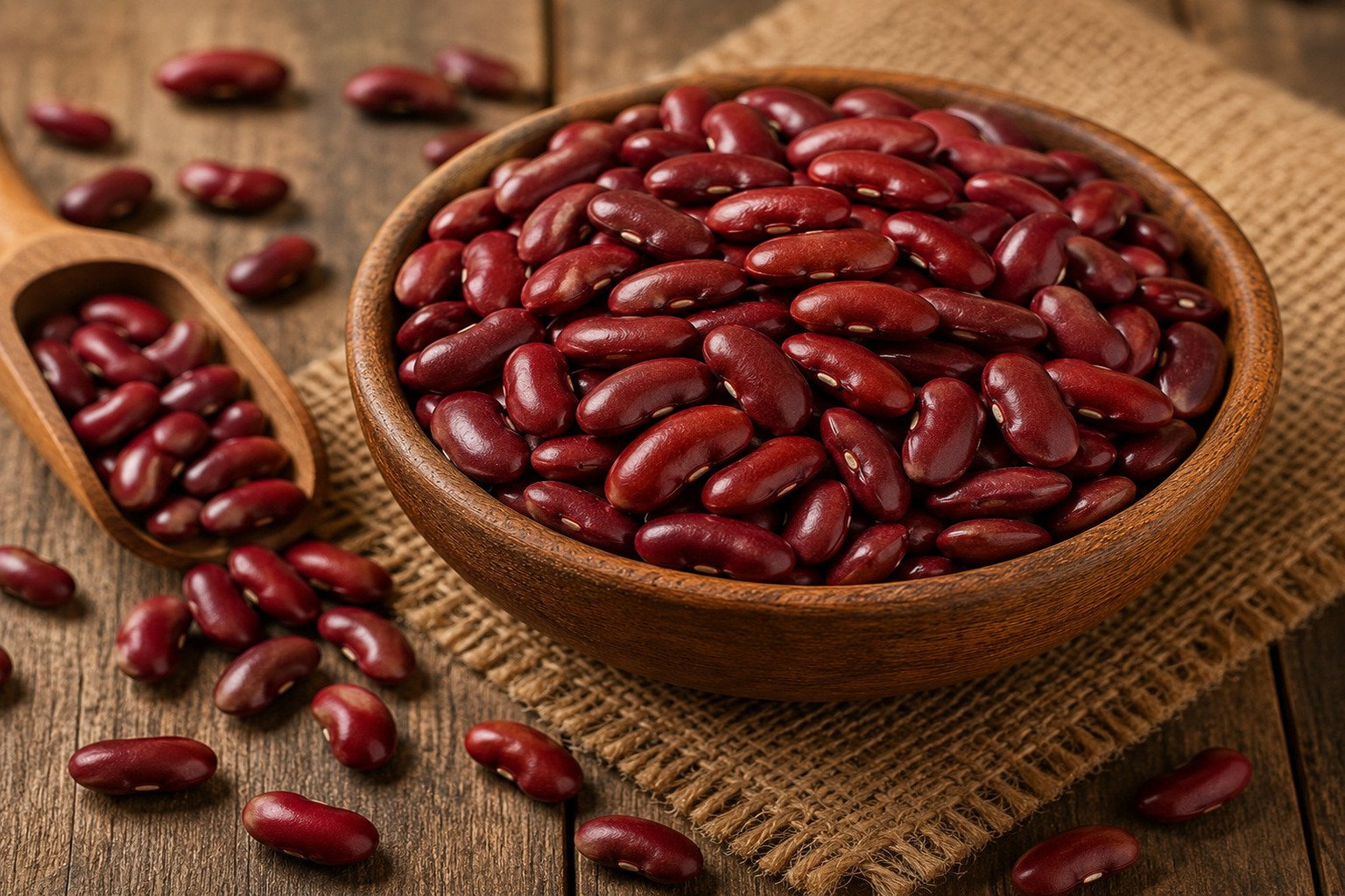 Raw red kidney beans (rajma) displayed in a wooden bowl, a protein-rich legume commonly used in Indian cuisine.