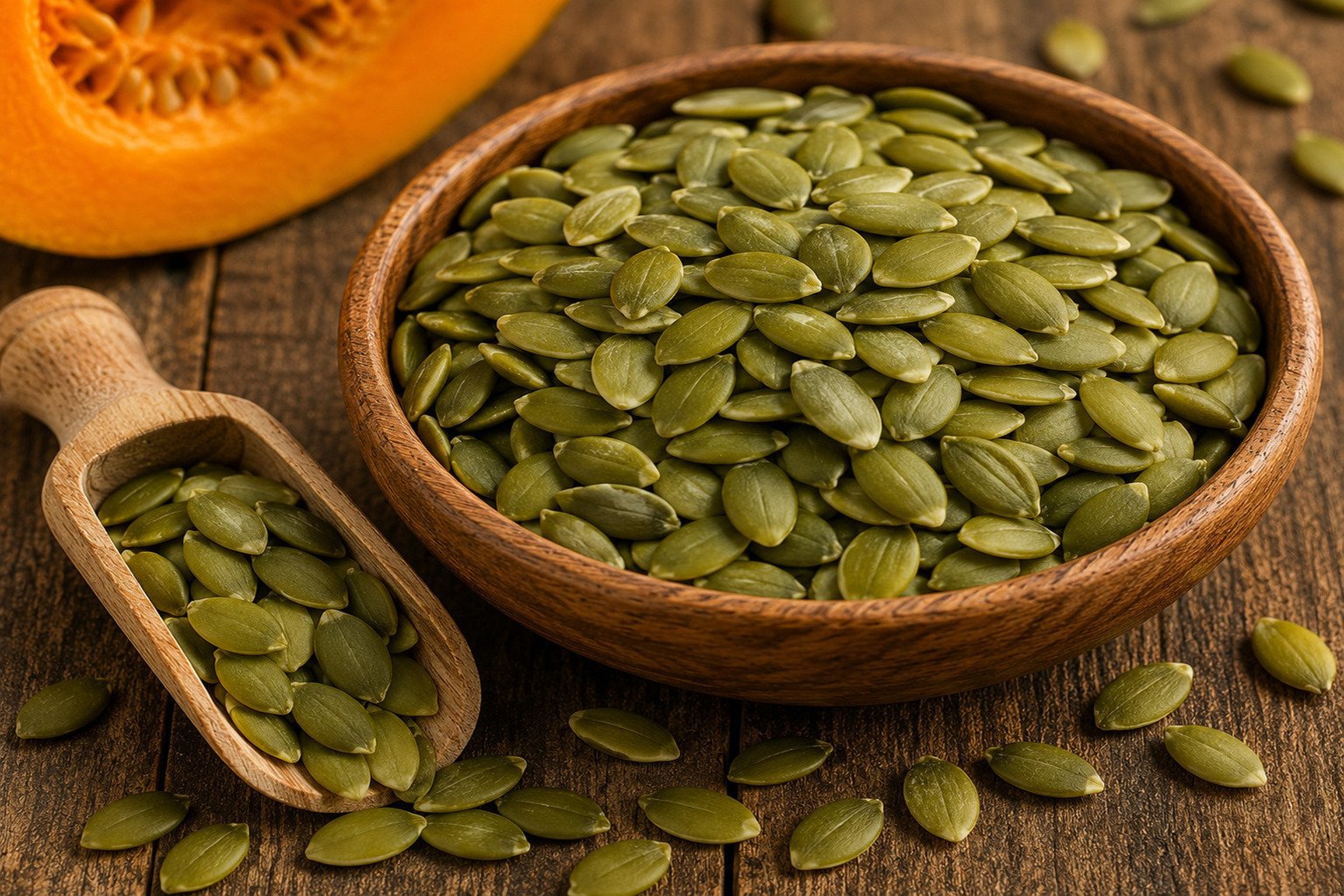 Raw pumpkin seeds (pepitas) displayed in a wooden bowl, a nutrient-rich source of protein, healthy fats, and minerals.