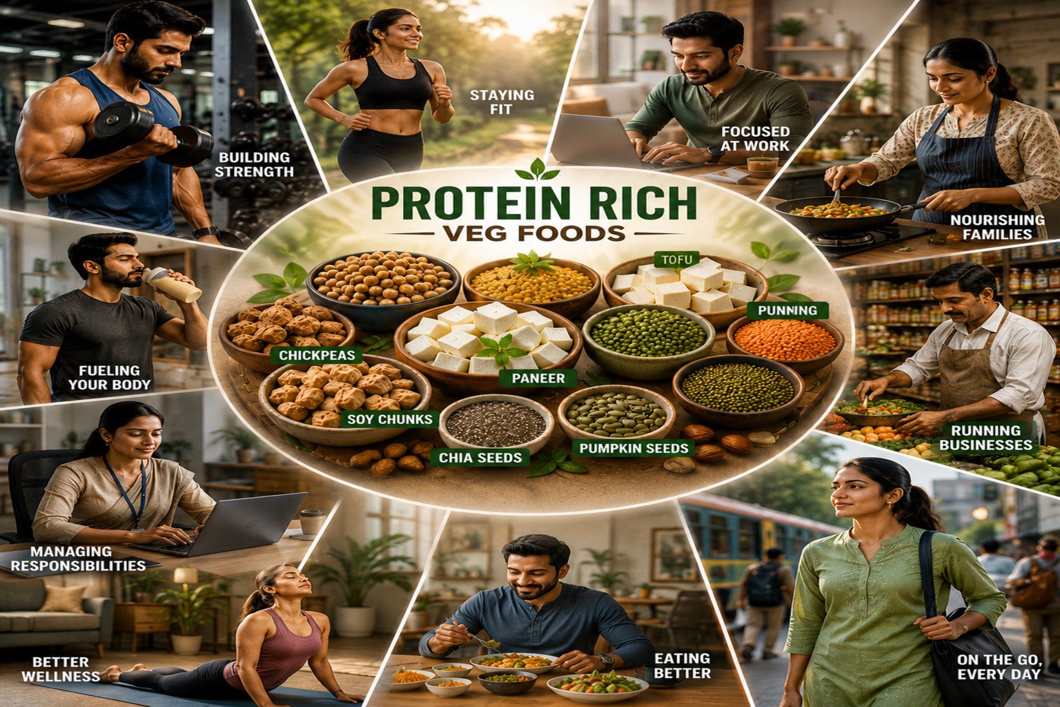 Indian men and women staying active through fitness, work, and daily activities, surrounding a central display of high-protein vegetarian foods such as paneer, tofu, chickpeas, soy chunks, almonds, chia seeds, and pumpkin seeds.