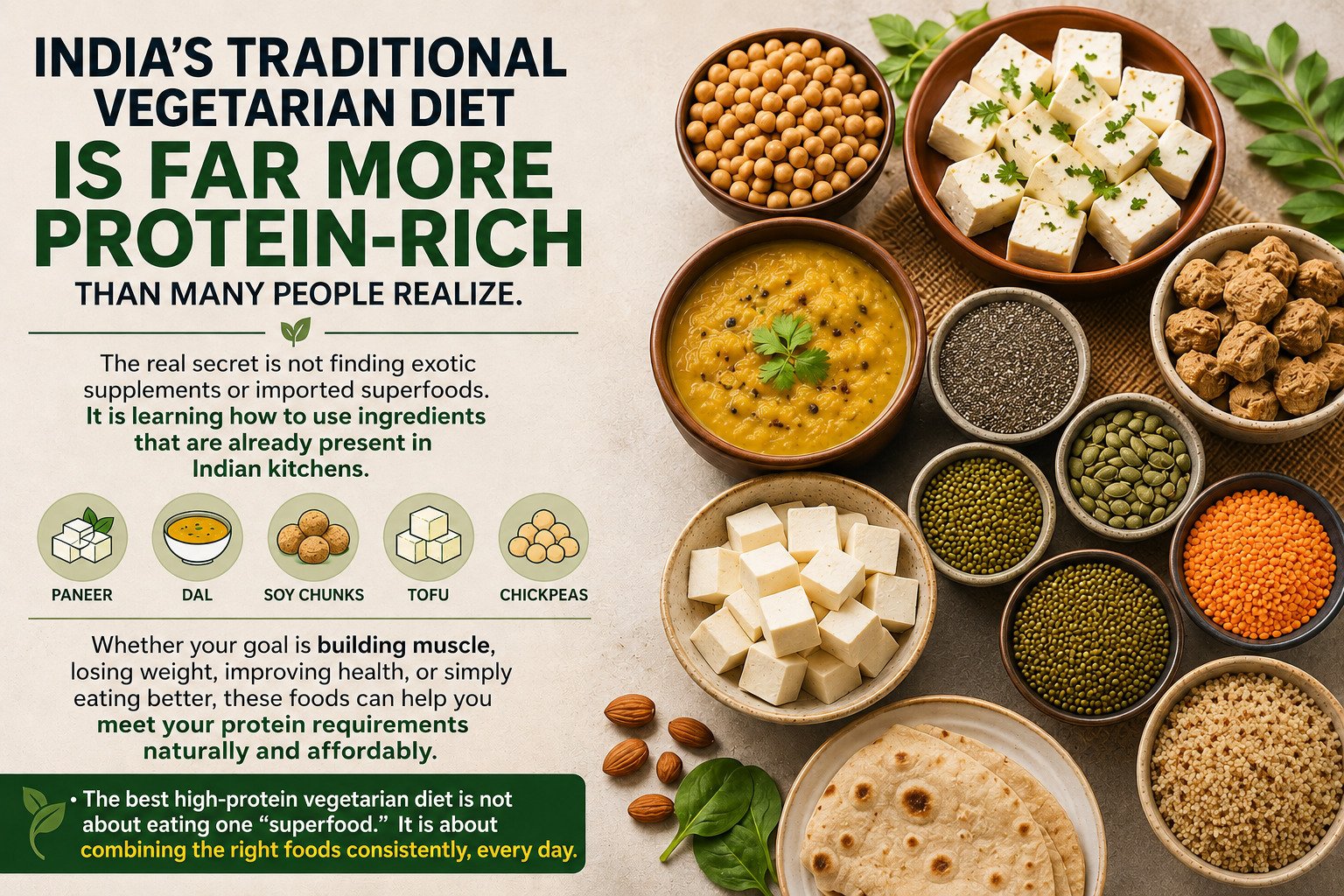 Protein-rich Indian vegetarian diet infographic showing paneer, tofu, soy chunks, dal, chickpeas, seeds, and grains with information about meeting protein needs naturally and affordably.