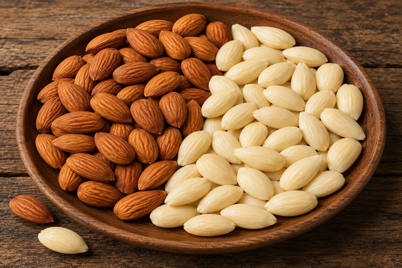 Whole almonds with brown skin and peeled blanched almonds arranged side by side in a wooden bowl.